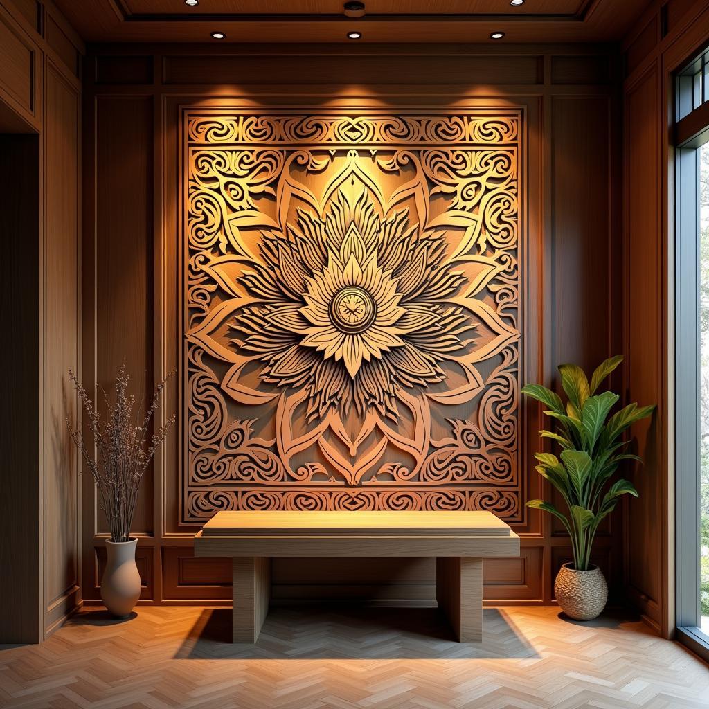 Mẫu vách CNC phòng thờ đẹp với hoa văn sen tinh xảo, tạo không gian thờ cúng trang nghiêm và thanh tịnh.